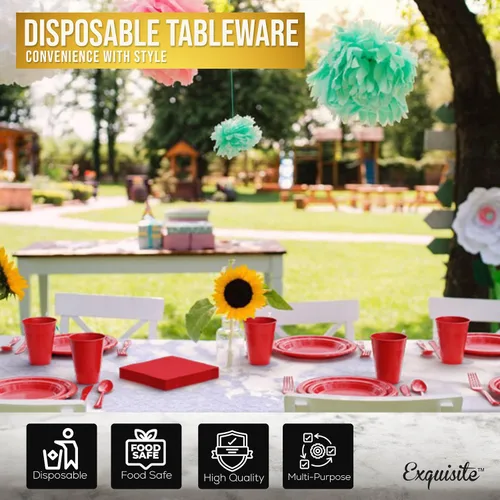 Miniatura 5 de 350 piezas de platos de plástico rojo para fiestas, juego de platos desechables rojos, 50 de cada juego de platos para cena de 9 pulgadas, platos