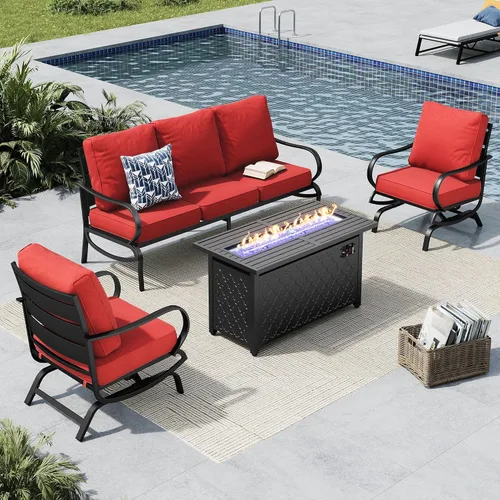 Miniatura 31 de MFSTUDIO Juego de 4 piezas de conversación para patio, marco de metal para todo tipo de clima, muebles de exterior con 1 mesa rectangular de propano