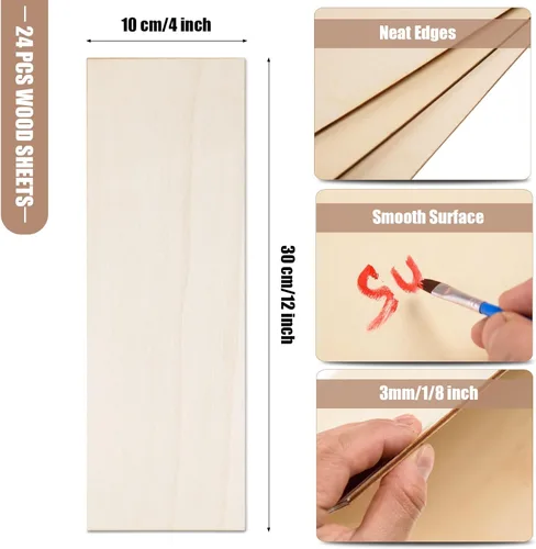 Miniatura 2 de 24 paquetes de hojas de madera de tilo para manualidades 12 x 4 x 1/8 pulg. - 3 mm de espesor Hoja de madera contrachapada sin terminar Hojas
