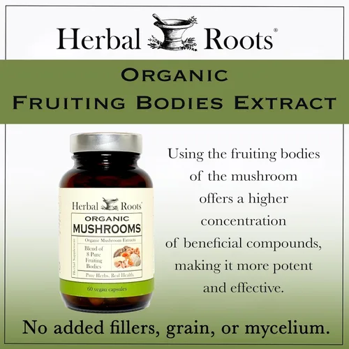 Miniatura 4 de Herbal Roots Cápsulas orgánicas de suplemento de mezcla de hongos 8 - Extractos corporales 100% fructíferos - Bienestar e inmunidad - 60 cápsulas