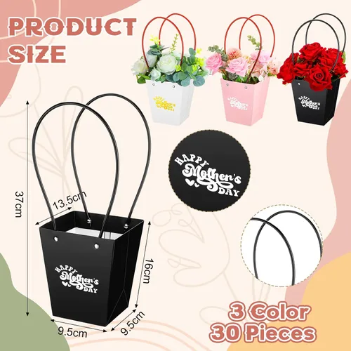 Miniatura 2 de PerKoop 30 cajas de flores para el Día de la Madre para arreglos de ramo de flores, bolsas de regalo con asa, embalaje impermeable, envoltura