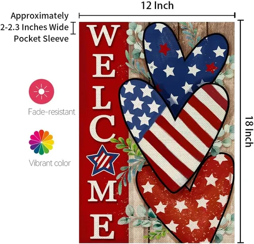 Miniatura 6 de CROWNED BEAUTY Bandera patriótica de bienvenida para el jardín del 4 de julio, 12 x 18 pulgadas, de doble cara, corazones, azul y rojo, Día