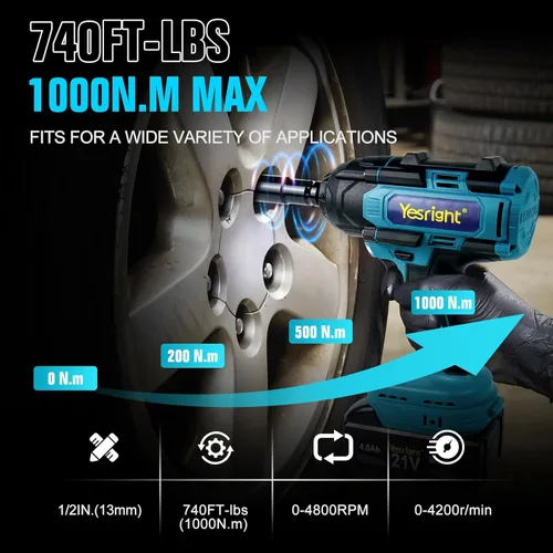 Miniatura 2 de Llave de impacto inalámbrica 1000N.m de 1/2 pulgada, pistola de alto par de 4800 RPM con 2 baterías de 4.0 Ah, llave eléctrica sin escobillas