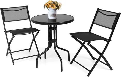 Miniatura 10 de HAPPYGRILL Juego de 3 piezas plegables para patio, juego de conversación al aire libre con mesa auxiliar y 2 sillas de patio, juego de comedor