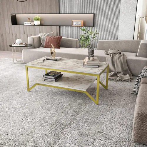 Miniatura 3 de Flora - Mesa auxiliar rectangular moderna de diseño industrial de 47 pulgadas de ancho, parte superior de madera con acabado de mármol, marco