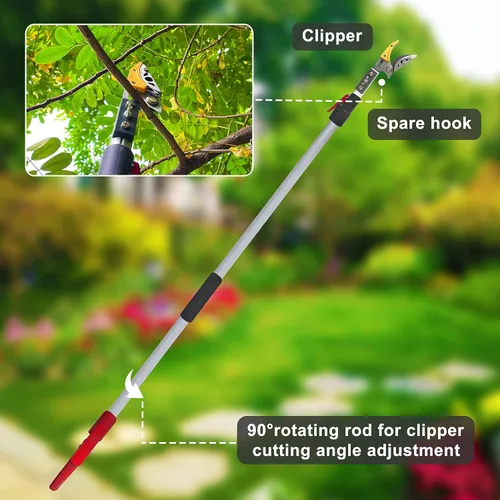 Miniatura 5 de Podadora telescópica de árbol de 5.8 a 10 pies con 2 secciones, 4 nodos ajustables, podadora de corte y sujeción, sierra de poste extensible