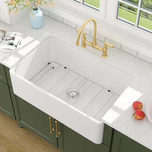 Miniatura 23 de Lordear Fregadero de Cocina Estilo Granja de 36 Pulgadas Blanco de Arcilla Refractaria Porcelana Cerámica Tazón Único Frente de Delantal Fregadero
