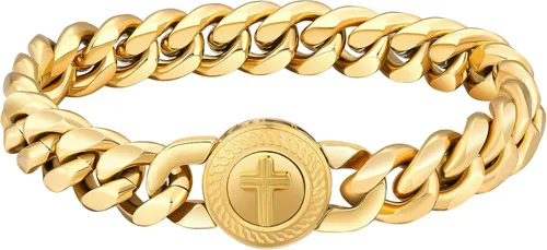 KRKC&CO - Pulsera de eslabones cubanos de 12/0.551 in para hombre, chapada en oro de 18 quilates, cruz, brújula, calaveras redondas, cierre tallado,