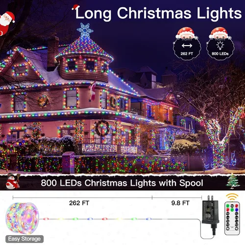 Miniatura 2 de Luces de Navidad para exteriores, 800 LED de 262 pies, luces de hadas multicolor IP67 impermeables, tira de luces enchufables con control remoto, 8