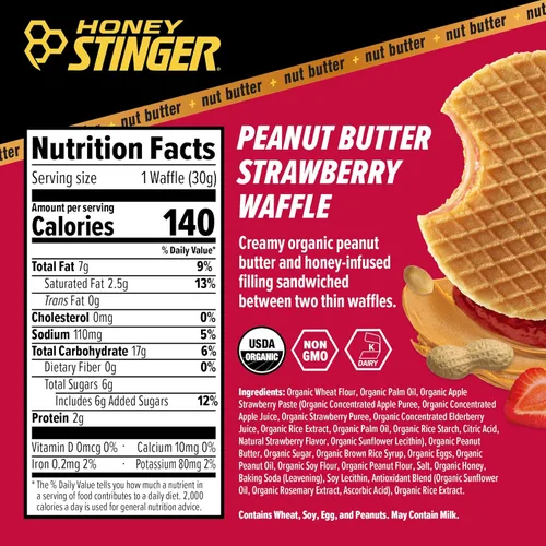 Miniatura 2 de Honey Stinger Waffle orgánico de mantequilla de maní y fresa, Energy Stroopwafel para ejercicio, resistencia y rendimiento, nutrición deportiva