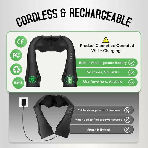 Miniatura 3 de Masajeador Shiatsu inalámbrico de cuello y hombros, masajeador de espalda con calor, masaje de tejido más profundo 4D para hombros, cuello y Negro