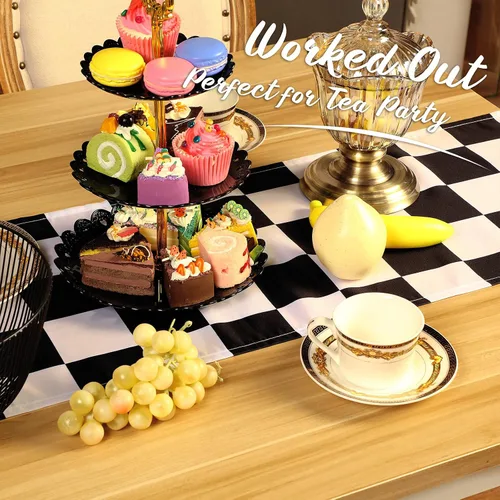 Miniatura 3 de Breling Paquete de 2 manteles de mesa a cuadros en blanco y negro con bandera de carreras de poliéster, para fiesta de té, suministros de picnic