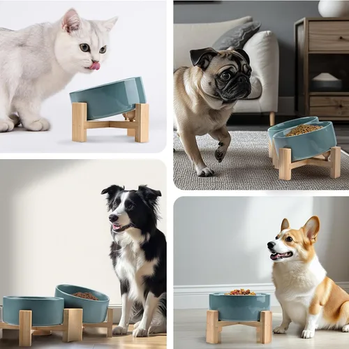 Miniatura 8 de SPUNKYJUNKY Cuenco de cerámica inclinado en 15° para perros y gatos con soporte de madera, cuenco inclinado para comida y agua para bulldog, Verde