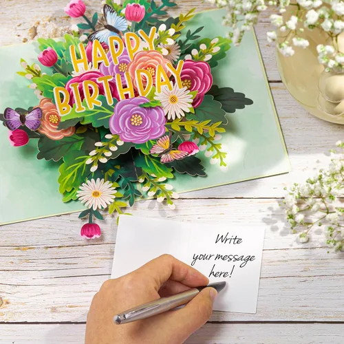 Miniatura 5 de POPWOW Tarjeta desplegable de feliz cumpleaños, flores y mariposas, tarjeta de felicitación 3D floral, regalo para mamá, hermana, mujer, abuela