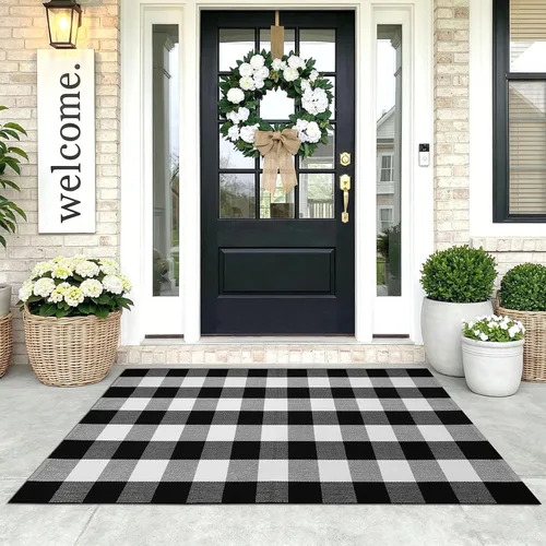 Miniatura 11 de KOZYFLY - Alfombras de área a cuadros de búfalo de 2x3 pies, alfombra a cuadros en negro y blanco lavable, alfombra de puerta delantera tejida a