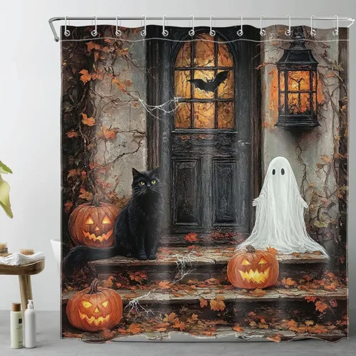 Miniatura 18 de HVEST Cortina de ducha con ganchos, calabaza espeluznante y fantasma con sombrero de bruja negro, juego de cortina de ducha naranja con flores
