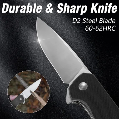 Miniatura 3 de FLISSA Cuchillo de bolsillo, cuchillo táctico plegable con mango G10, hoja D2, seguro de revestimiento, clip de bolsillo, cuchillo EDC para Negro