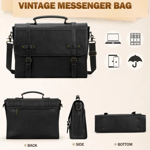 Miniatura 7 de RAINSMORE Bolsa de mensajero para hombre de 17 pulgadas, impermeable, de piel vintage, maletín para laptop, bolsa grande para laptop, cartera, bolsa