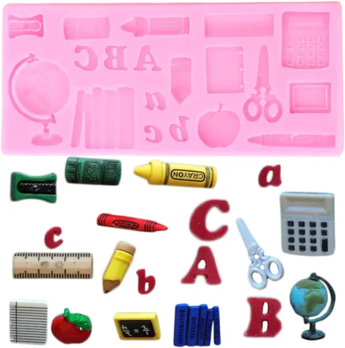 Miniatura 4 de Mujiang Moldes de silicona para el regreso a clases, bolsa escolar, libro de tijeras, paleta de dibujo, moldes para fondant, para decoración
