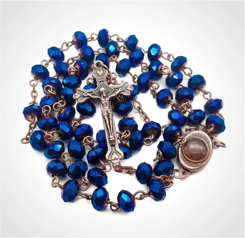 Miniatura 2 de Nazareth Store Collar de rosario de cuentas de cristal azul profundo, oración católica Jerusalén, medalla del suelo sagrado, cruz Tierra Santa