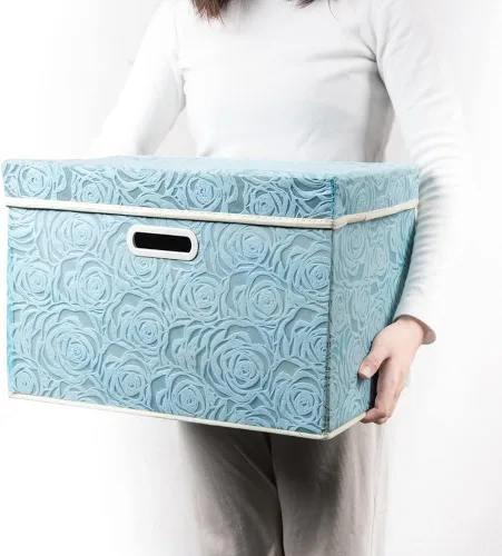 Miniatura 6 de PRANDOM Cubos de almacenamiento plegables más grandes con tapas, cajas de almacenamiento decorativas de tela, canastas organizadoras con asas de Azul