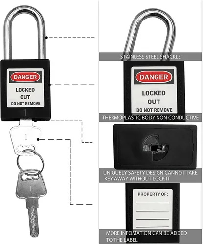 Miniatura 3 de SAFBY 50 cerraduras de bloqueo con llave con 50 etiquetas de bloqueo, candados seguros Loto para estaciones y dispositivos de bloqueo (1-50 negro)