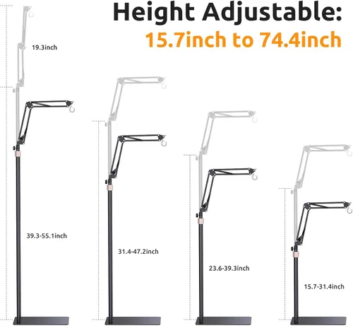 Miniatura 2 de Soporte para lámpara de reptiles, altura libremente ajustable (15.7 a 74.4 pulgadas) con brazo oscilante ajustable de 360°, soporte de lámpara