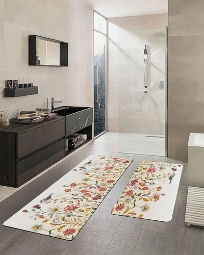 Miniatura 2 de Tapete de baño antideslizante para bañera, diseño de pájaros y flores, de secado rápido y absorbente, de tierra de diatomeas, tapete de cocina