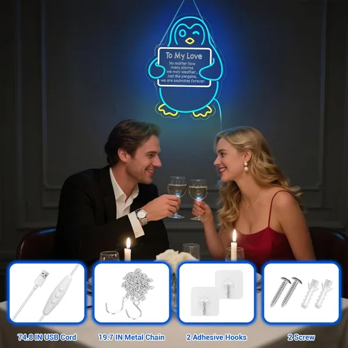 Miniatura 4 de Regalos para el día de San Valentín para ella, él, novio, novia, letrero de neón LED de pingüino azul, decoración romántica de pared para parejas