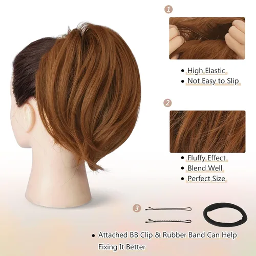Miniatura 3 de BARSDAR Extensión de cola de caballo y moño de pelo de cobre, extensiones de moño corto sintético liso elástico para mujer, moños desordenados