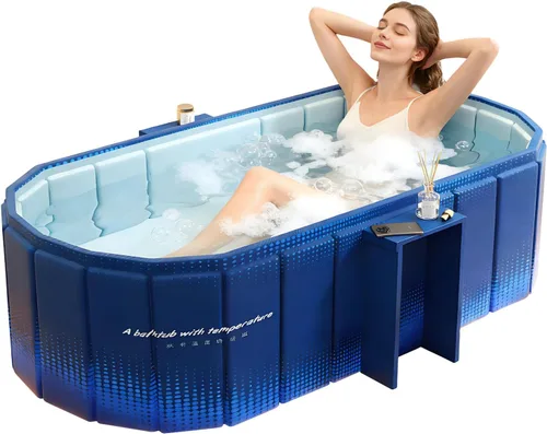 jessie Bañera portátil de 59 pulgadas, bañera de hielo plegable para adultos, baño caliente para remojar en frío, bañera independiente para Azul