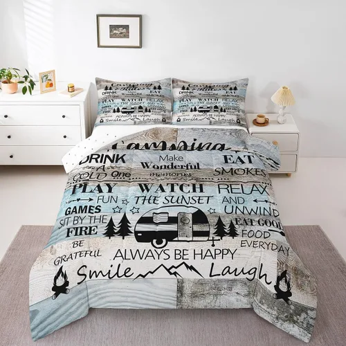 Miniatura 9 de Juego de Edredón para Acampar Feliz para Niños Tamaño Individual, Juego de Ropa de Cama Rústica de Aventura de Granja y Cabaña, Decoración