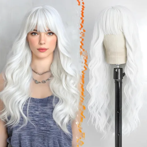 Miniatura 21 de BARSDAR Peluca rubia corta ondulada con flequillo, pelucas cortas onduladas de 14 pulgadas para mujer, pelucas sintéticas suaves hasta el hombro
