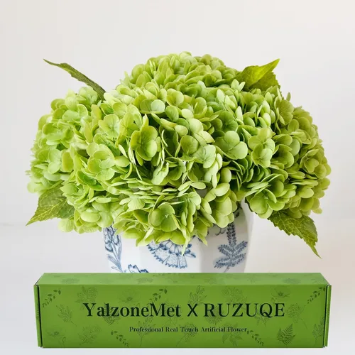 YalzoneMet Hortensias artificiales de color verde oscuro de 21 pulgadas, 3 unidades, naturales, realistas, de tacto real, para fiestas en el hogar,