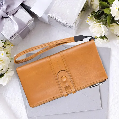 Miniatura 5 de Roulens Cartera para mujer de gran capacidad de cuero genuino plegable con bloqueo RFID tarjetero con bolsillo con cremallera