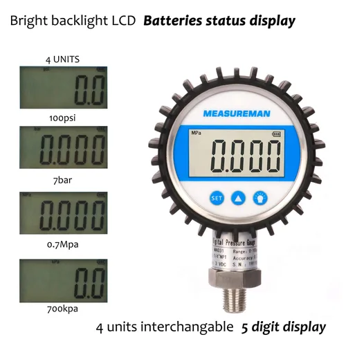 Miniatura 3 de MEASUREMAN Tamaño del dial de 3-1/8", medidor de presión digital, 0-100psi/bar/Mpa/Kpa, montaje inferior NPT de 1/4", precisión del 0.25%