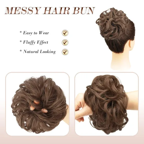 Miniatura 3 de FESHFEN - Pieza de pelo de moño desordenado - Extensiones de peinado con bandas elásticas rizadas y onduladas, extensiones de cabello sintético