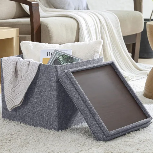 Miniatura 10 de Ornavo Home Taburete otomano de almacenamiento cuadrado de lino, plegable, con cubo, reposapiés, con tapa de mesa, mesa auxiliar, otomana, 15 x 15 x