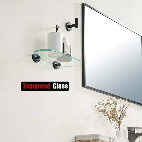 Miniatura 6 de JQK Estante de cristal para baño negro, almacenamiento de ducha de vidrio templado de 12 x 5 pulgadas, montaje en pared negro mate de acero