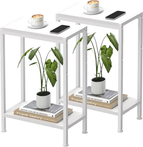 Miniatura 10 de Mesa auxiliar estrecha para espacios pequeños, mesa auxiliar delgada de 2 niveles, mesita de noche delgada, mesa de sofá delgada para aperitivos