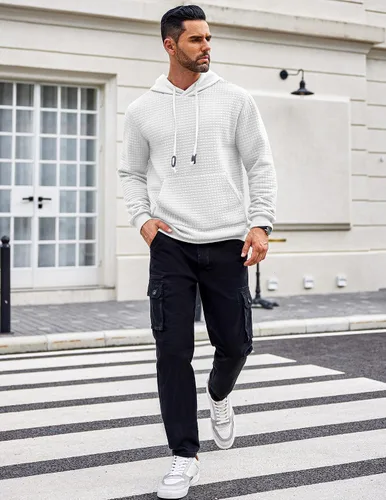 Miniatura 2 de COOFANDY Sudadera con capucha para hombre, de manga larga, a la moda, para gimnasio, atlética, a cuadros, jacquard, con bolsillo
