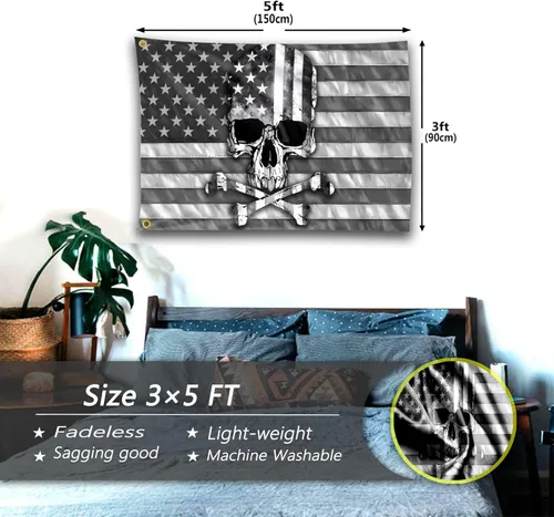 Miniatura 5 de Bandera de calavera pirata de 3 x 5 pies, divertidas banderas estadounidenses en blanco y negro y bandera de barco con huesos cruzados para Bandera