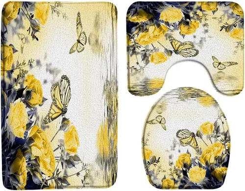 Alfombras de baño de 3 piezas con diseño de flores y mariposas, color amarillo, rosa, floral, spa, lago, animales salvajes, reflejo de agua,