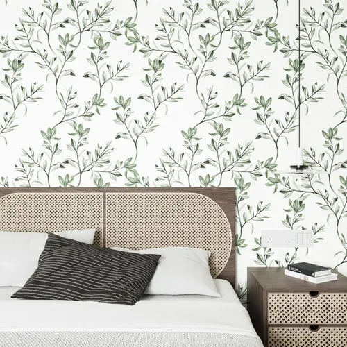 Miniatura 3 de Wallercity Papel tapiz de hojas verdes y blancas, papel tapiz floral para gabinete, papel de contacto de hojas verdes, papel de contacto bohemio