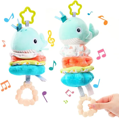 Jollybaby Juguetes musicales para bebé con cuerda para tirar y colgar para cochecito, asiento de coche, cuna, gimnasio de juego, juguete de ballena