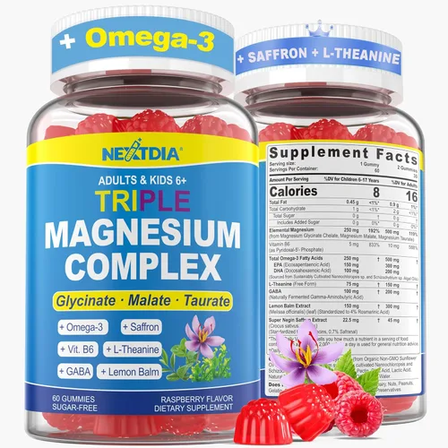 Miniatura 9 de Gomitas de magnesio + omega-3 + azafrán para niños y adultos, gomitas de magnesio para niños y adultos, complejo triple de magnesio sin azúcar, 500