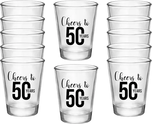 Vasos de chupito de Cheers to 50 Years – 12 unidades, 1.75 onzas cada una, decoraciones de cumpleaños 50 para hombres y mujeres, recuerdos de fiesta