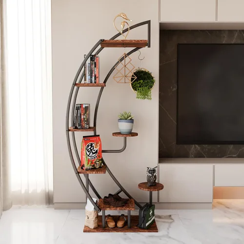 Miniatura 6 de IDZO - Estantería de metal en forma de media luna para plantas, estantes múltiples para interiores, marrón oscuro, ideal para la decoración