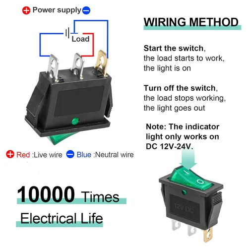 Miniatura 3 de KCD3 SPST de encendido/apagado de 3 pines, 2 posiciones, interruptor basculante instantáneo DC 12V-24V 30A con LED verde para barco - Paquete de 5