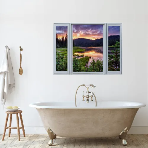 wall26 Adhesivo mural removible para pared, vista de ventana, majestuosa cordillera, lago, bosque, naturaleza, fotografía, realismo, paisaje,